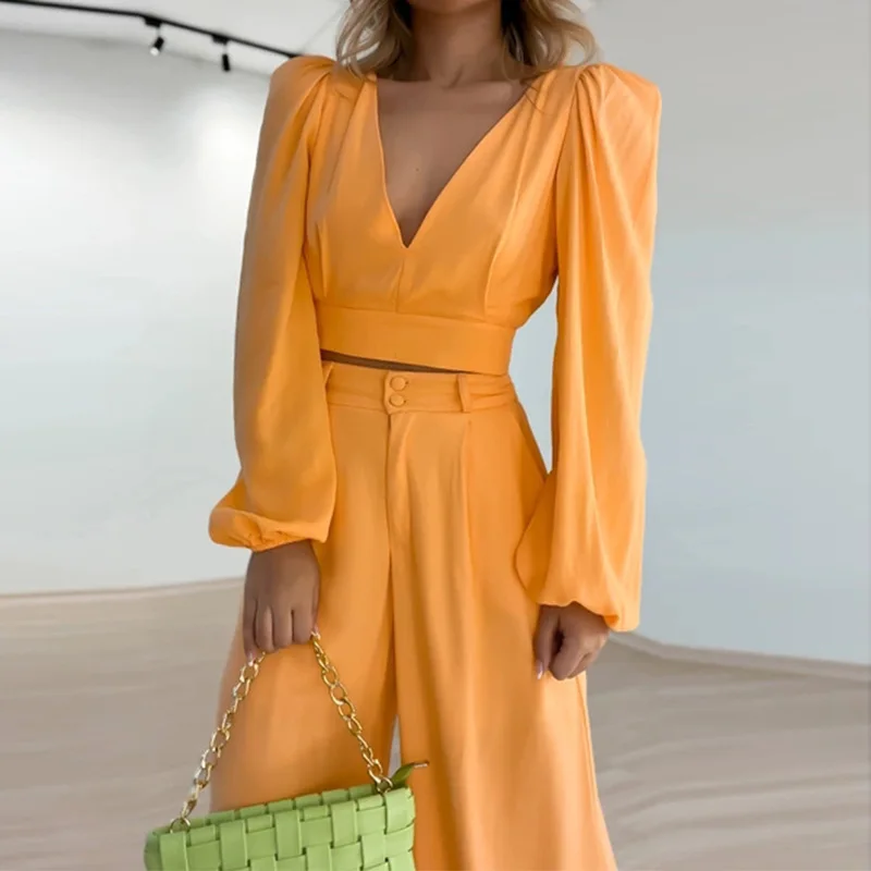

2023 autumn Women New V-neck Lantern Long Sleeve Backless Shirt High Waist Wide Leg Pants Fashion Casual Set Streetwear Femme