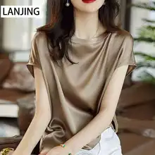 

Silk top 2021 summer new round neck short-sleeved T-shirt women's drape silky raglan clothes women Regular Summer Tees
