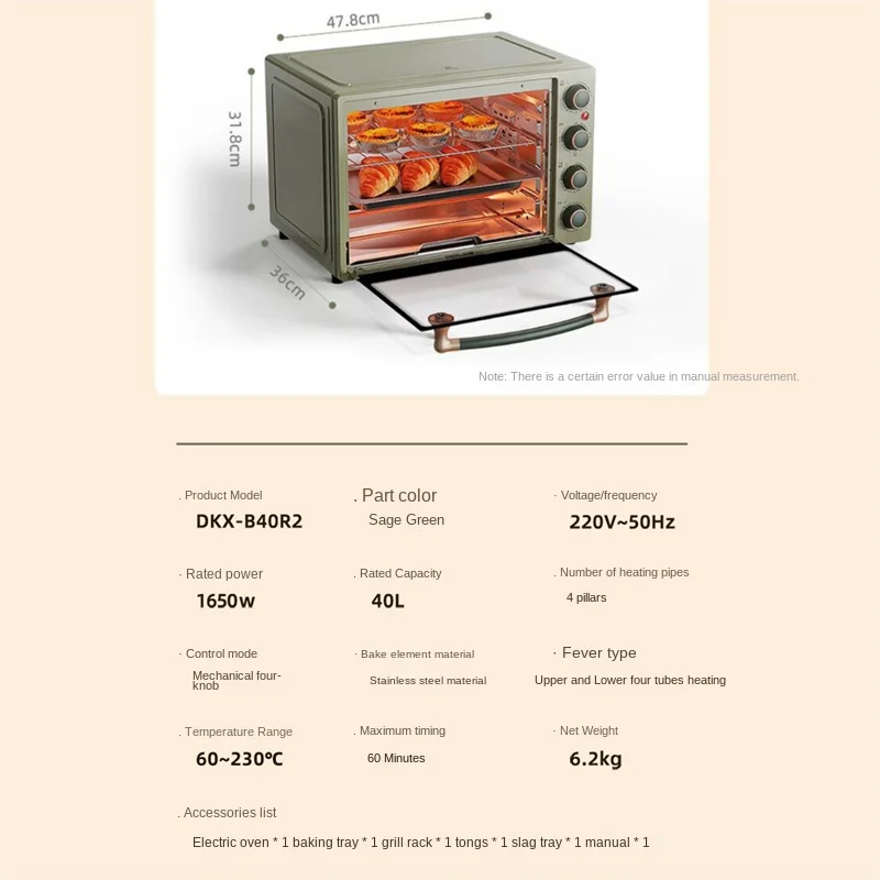 40L Convection Oven, Home Baking Multifunctional Full-Automatic  Large-Capacity Electric Oven,60 Minutes Timing,Low Temperature  Fermentation, Built-in
