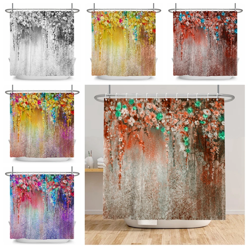 

Штора для душа с цветочным принтом, абстрактный цветочный букет кустарников, художественный декоративный набор из полиэстера для ванной комнаты с крючками