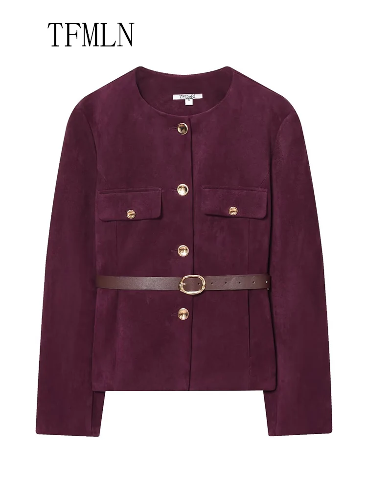 Office Ladies Single Breasted Jackets With Belt 2025 Autumn O-neck Full Sleeve Chic Causal Coats Vintage Pockets Street Outwear