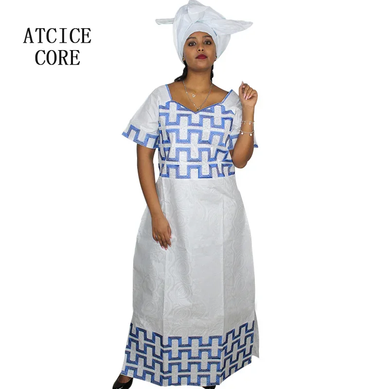 

African Dresses For Woman Bazin Riche Computer Emboridery Plus Size Long Dress With Scarf