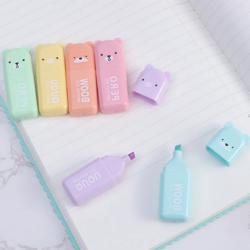 6PCS/Set Bear Mini Fluorescent Highlighter Pen Kawaii Pastel Marker Pens Stationery Material Escolar Papelaria School Supplie