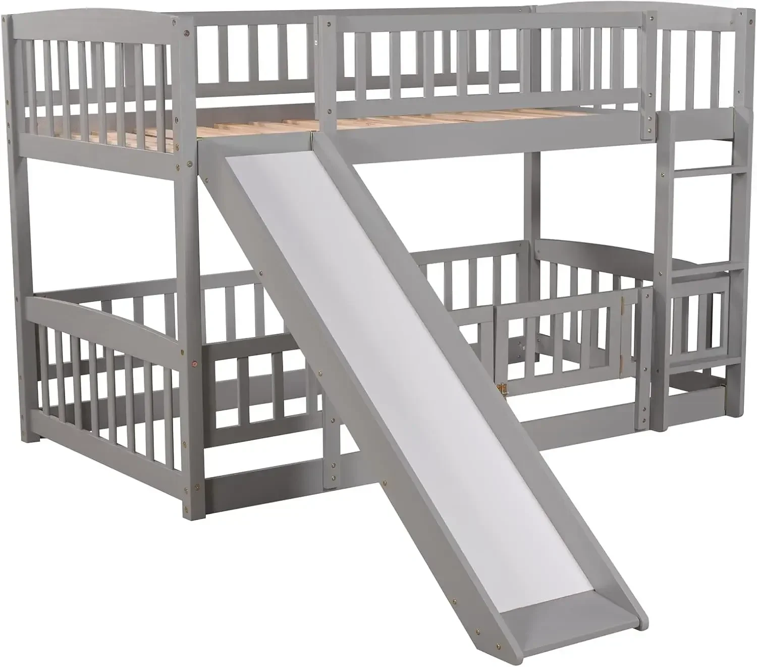 Low Bunk Bed with Slide Twin Over Twin Bunk Beds for Kids Toddlers, Wood Floor Beds Frame with Rails for Boys Girls Teens, Gray