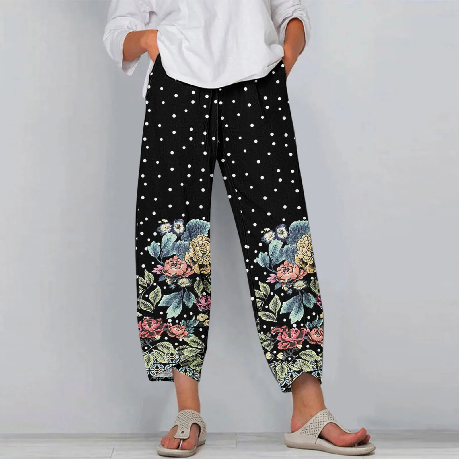 

Women Casual Pant Loose Fit with Pocket High Waisted Pants Print Summer Cotton Pant Long Straight Womens Plus Size Harem Pants