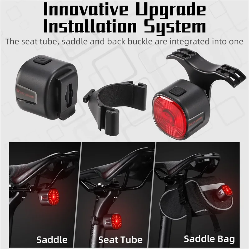 서쪽 자전거 자전거 스마트 미등 MTB 도로 자전거 자동 브레이크 감지 유형-C 충전식 IP66 방수 LED 안전 후면 조명