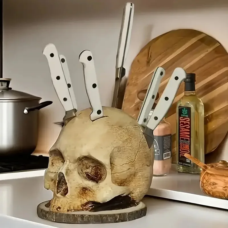 Creative Kitchen Knife Holder Skull Stand, Horror Atmosphere Desktop Decor for Halloween Party, Gothic Skull Knife Rack 1