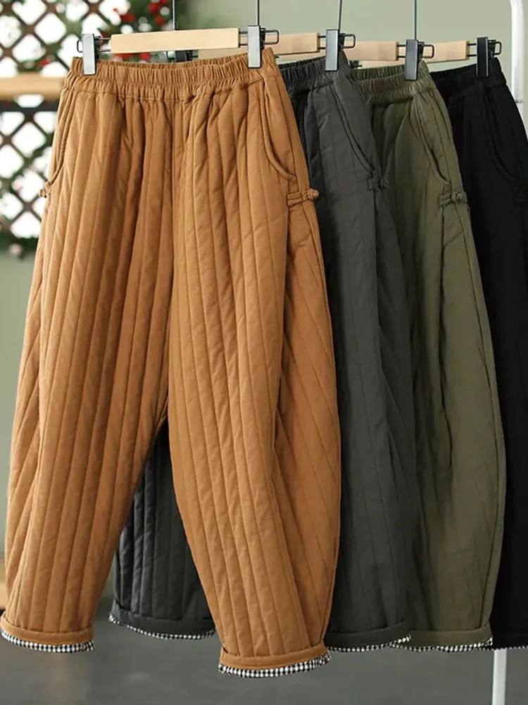 Oversized 4xl Cotton Padded Pants Winter Warm Baggy Pantalones Elastic High Waist Harem Spodnie Thicken Quilted Womens Trousers