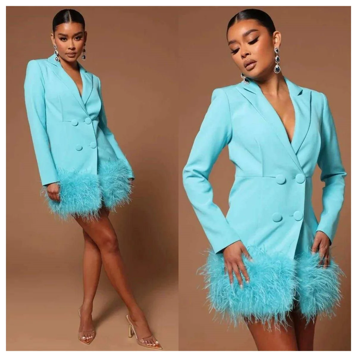 Long Coat For Women Feather Peaked Lapel Double Breasted Overcoat Lady Blazer Slim Fit Jacket Skirt Made Elegant