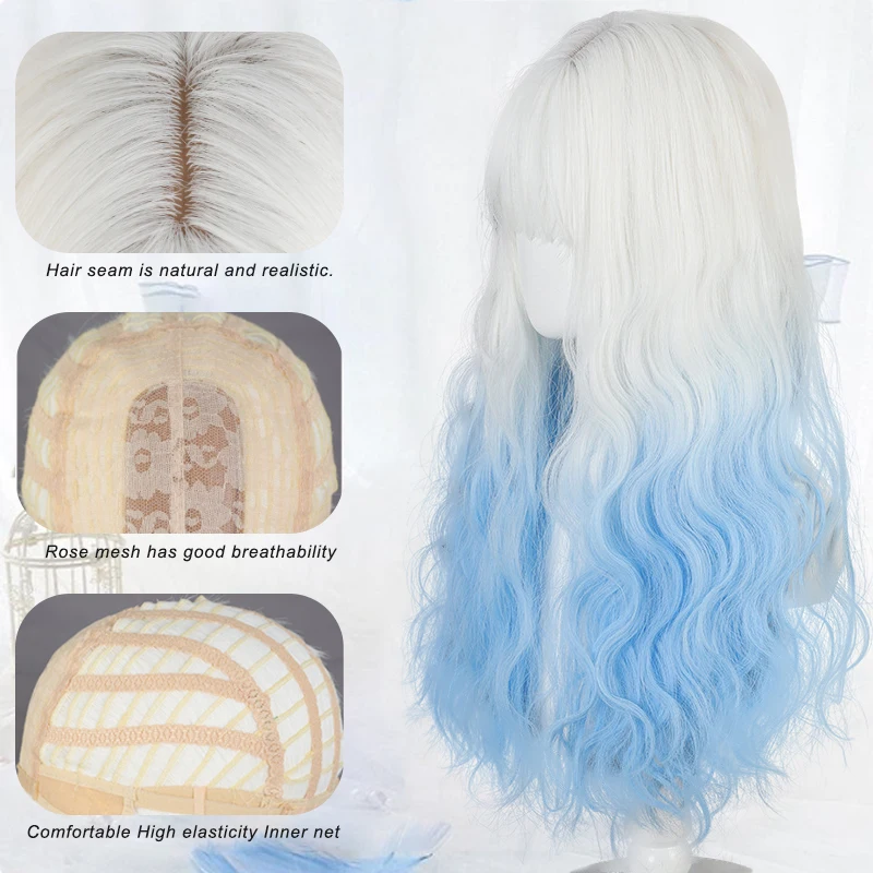 LUPU Lolita Wig Cosplay Wig With Curly Hair, White+Blue Gradient Sweet Harajuku Kawaii Women's Wig