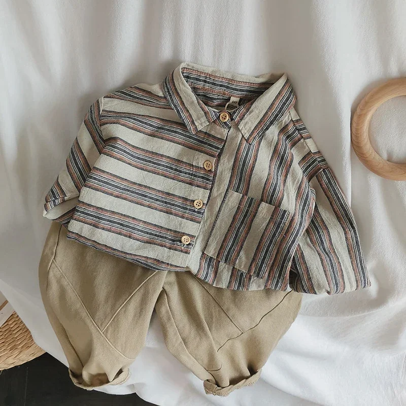 Children's Retro Striped Irregular Cotton Linen Shirt Autumn Korean Literary Baby Boys Buttons Long-Sleeved Shirts WT055 kids shirts boys shirts