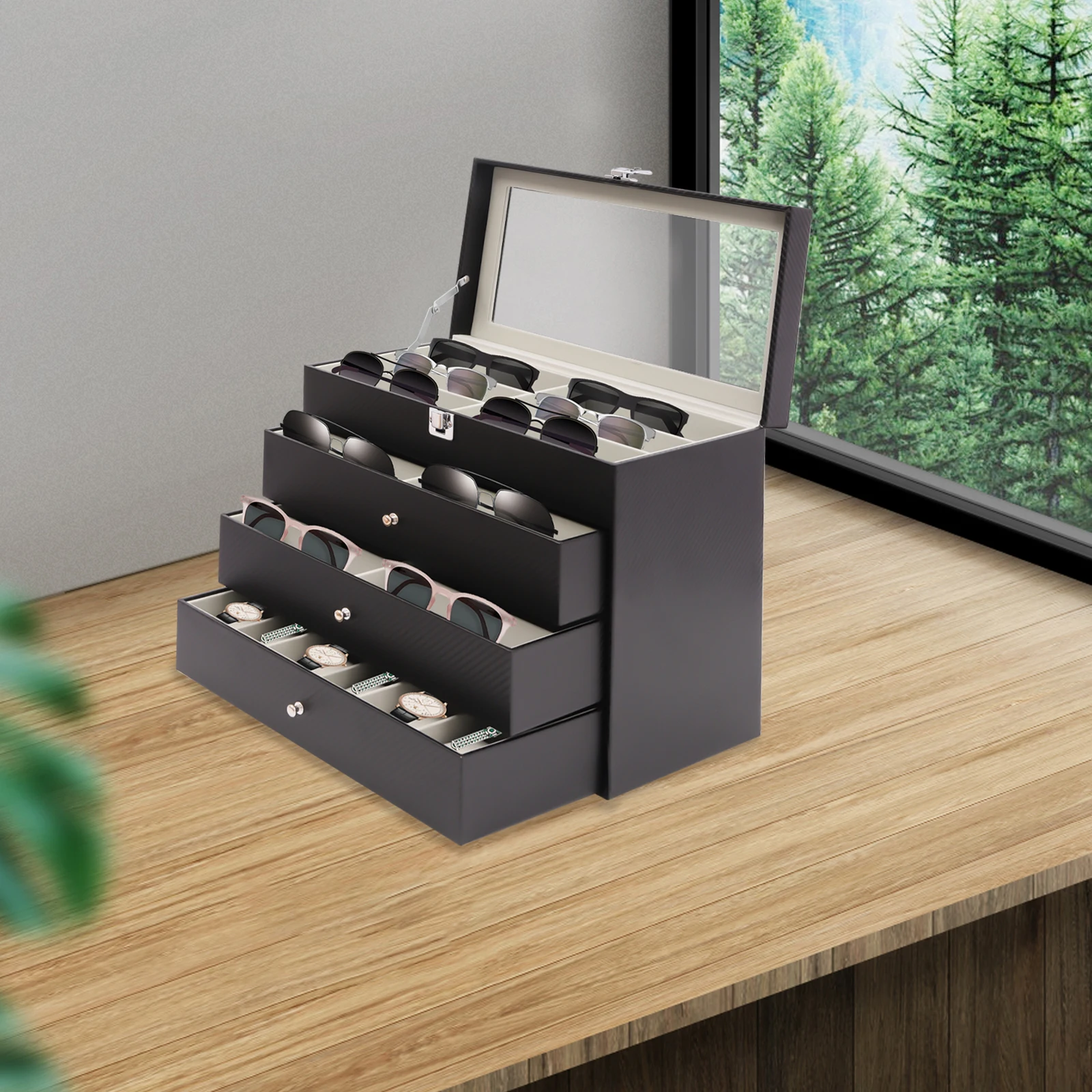 Multi Sunglasses Organizer for Women Men, 3 Layers Eyeglasses Eyewear Display Case, Jewelry Watch Organizer for Glasses, Watches