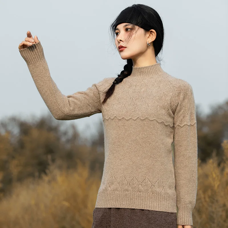 

Pullover Cashmere Sweater Warm Long Sleeve Knit Solid Color Half Turtleneck 100% Wool Ladies Sweater Autumn Winter New Product