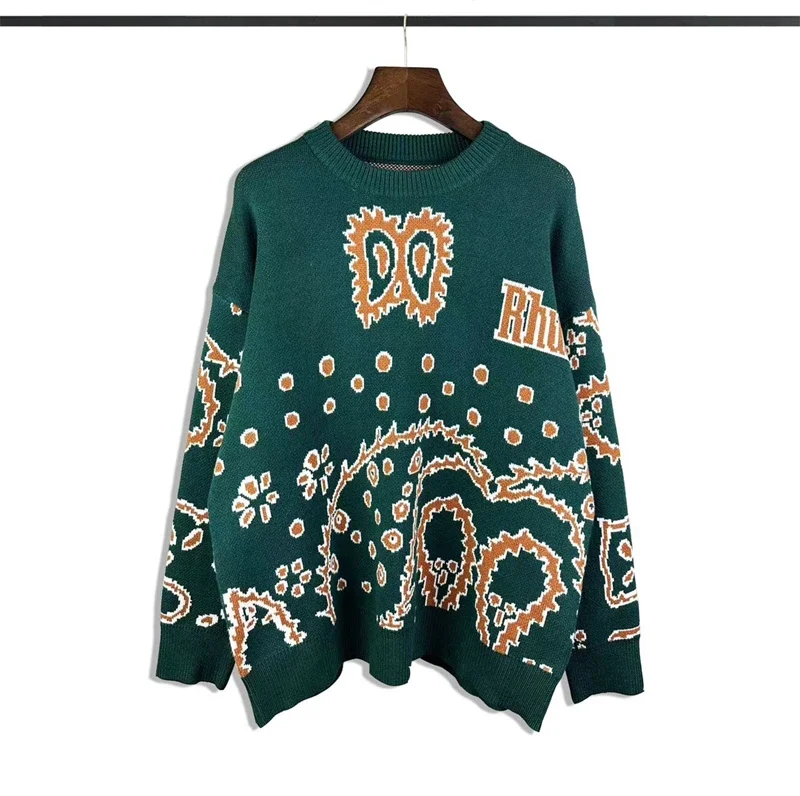 

2023SS Vintage Dark Green Jacquard Rhude Sweater Men Women Top Quality Casual Oversize Sweatshirts Techwear