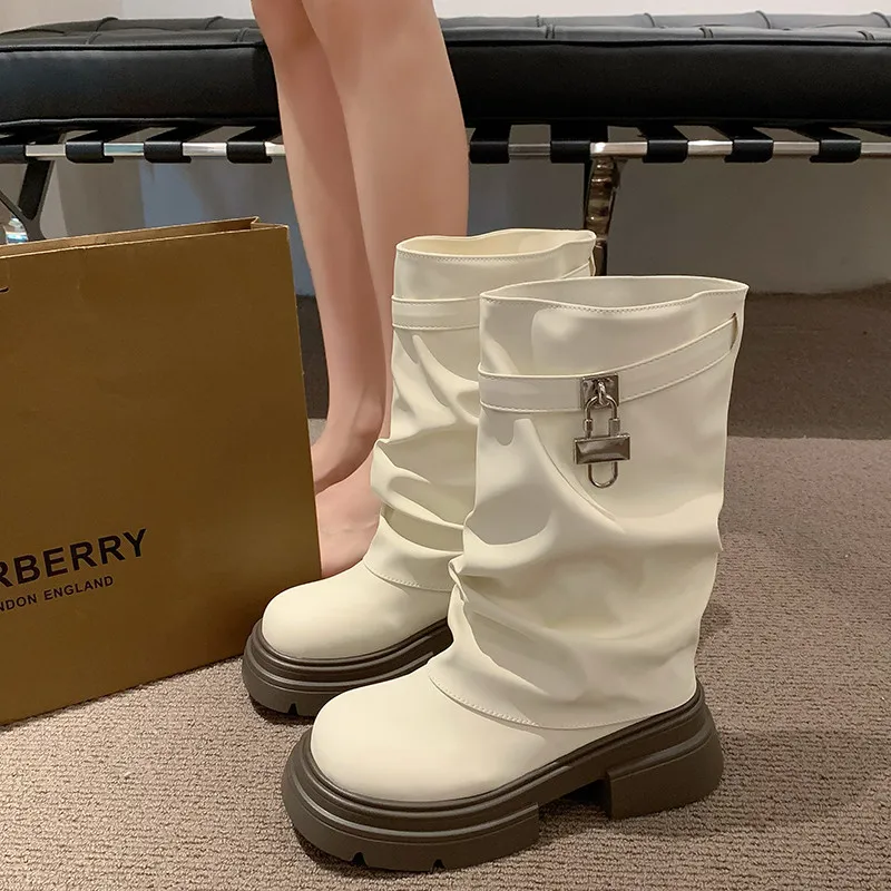 

Shoes Round Toe Flat Heel Boots Winter Footwear Luxury Designer Boots-Women 2023 Ladies Med Fashion Autumn Ankle Cross-tied Bas