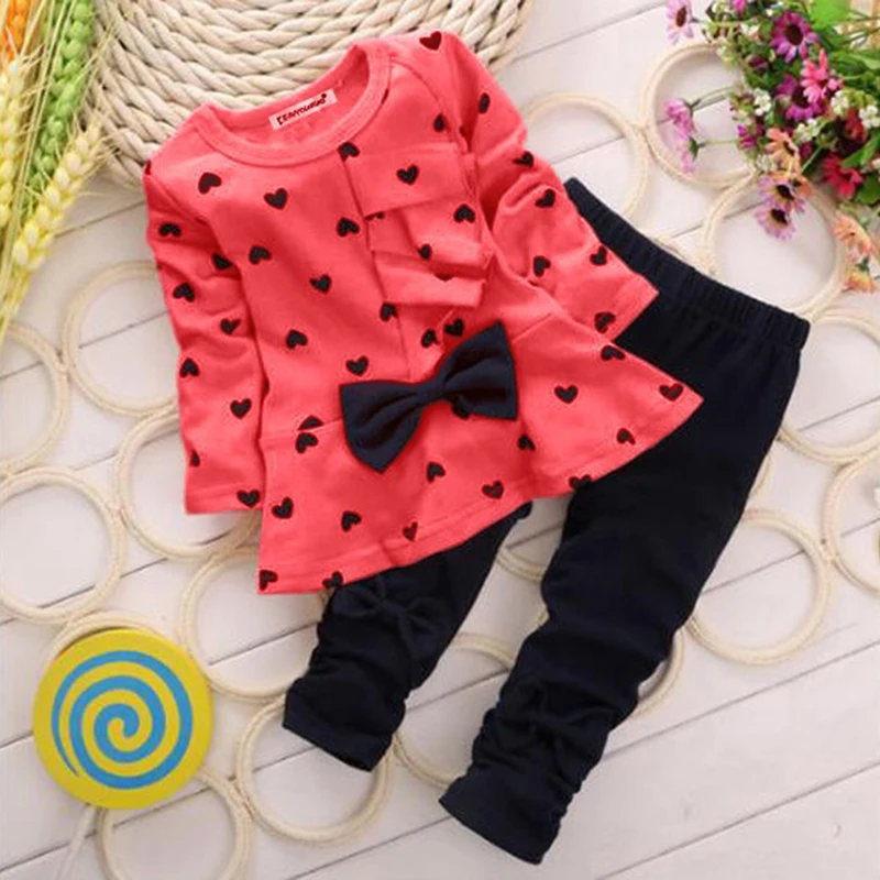 2Pcs Newborn Infant Baby Girls Clothes Set Spring Autumn Toddler Girls Heart Print Bow Dress Tops + Solid Pants Kids Cloth Sets