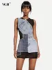 VGH patchwork denim fashion a line dresses For Women Round Neck Sleeveless High Waist spliced sheer mesh slimming dress female 1