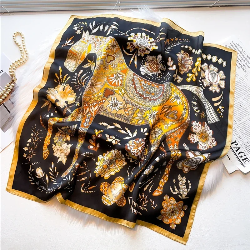 Luxury Brand 70cm Square Scarf Women Satin Silk Horse Print Headband Lady Neckerchief Bandana Hair Bands Ribbon Shawl  Scarfs