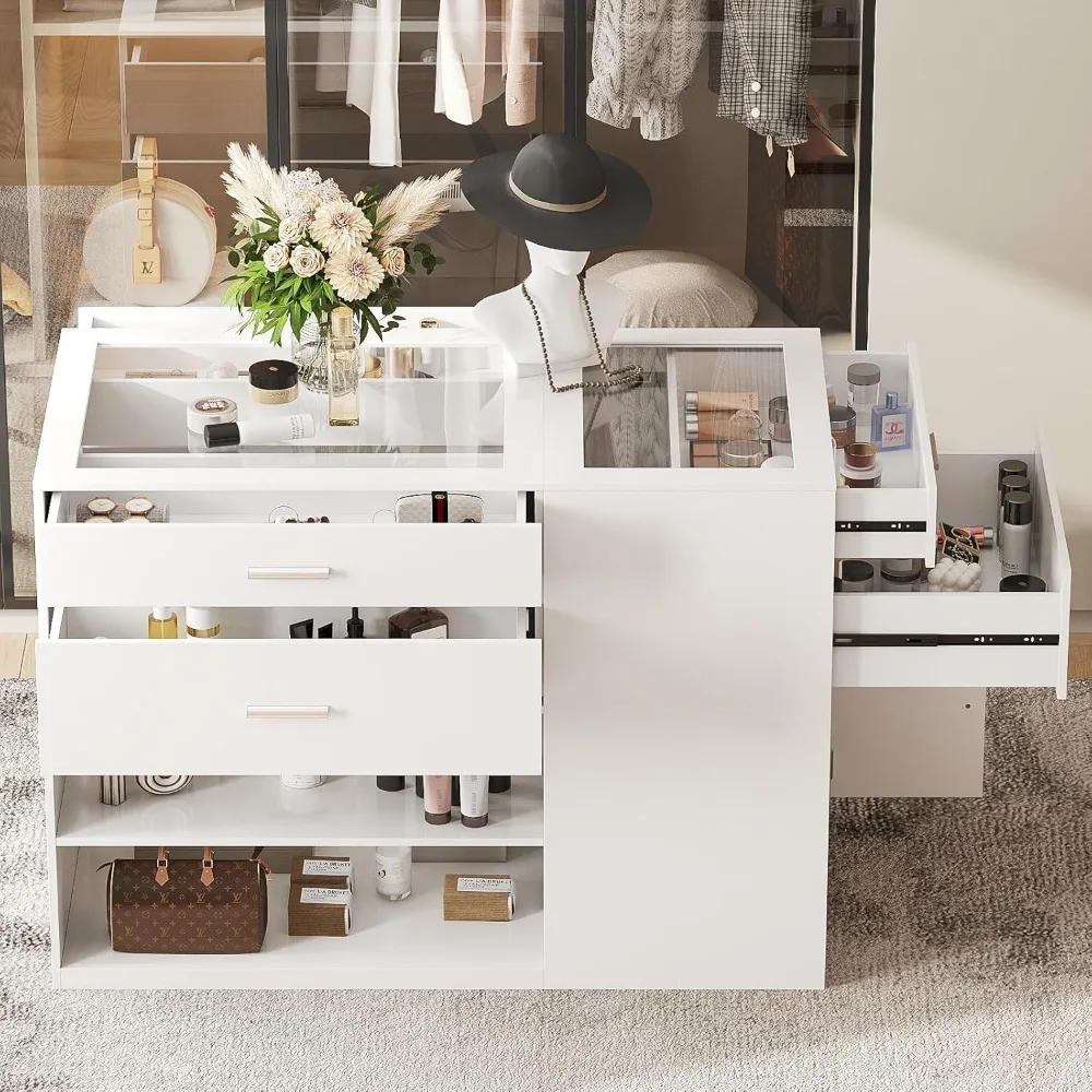 Bedroom Closet Island with Glass Top, White Wardrobe Closet Island with 6 Drawers, Island Dresser with Display Shelf & Storage 3