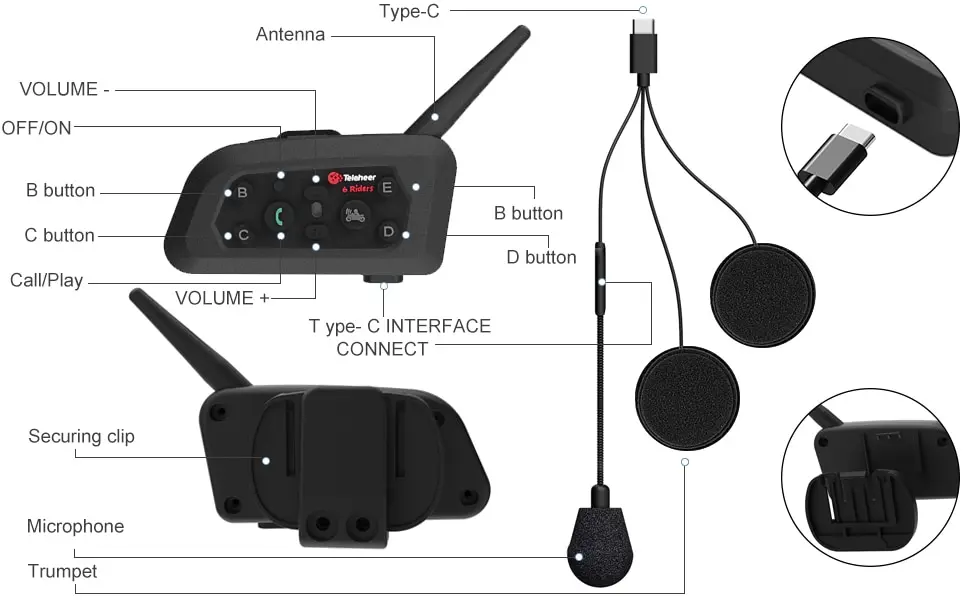Teleheer V6 Plus Motorcycle Helmet Bluetooth Headset 1500m