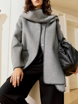 Giacca di lana da donna da ufficio con colletto staccabile Sciarpa 2025 Cappotti di lana 100% da donna corti con cappuccio allentati autunno e inverno 1