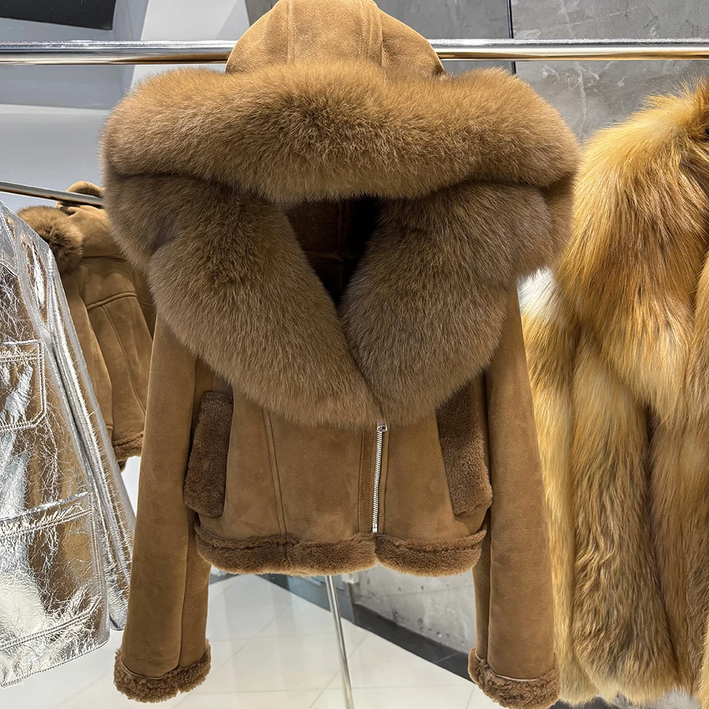 YOLOAgain 2025 Winter Warm Hooded Suede Shearling Jacket Coat Women Real Fox Fur Jacket