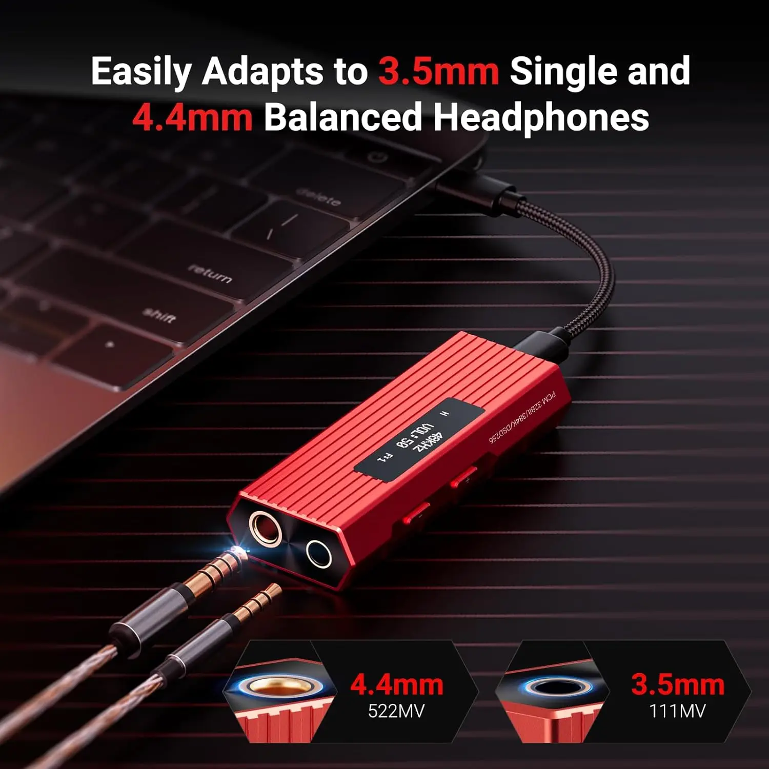 USB-C to AUX DAC 앰프 3.5mm+4.4mm 고해상도 ES9028Q2M DSD256, iPhone 15/16/17 Pro 및 안드로이드용