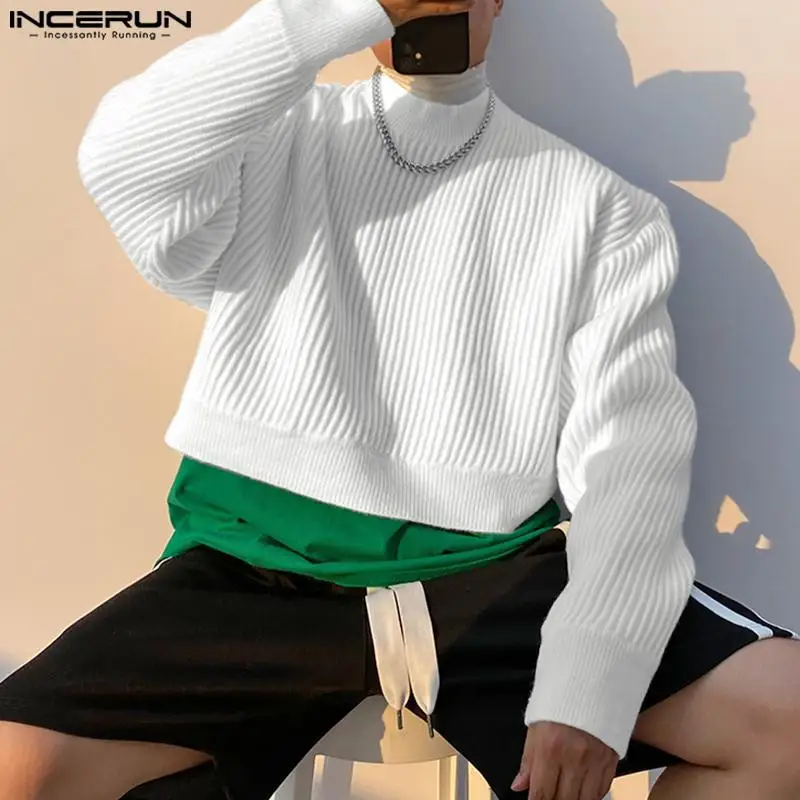 

INCERUN Tops 2023 Korean Style Men's High Neck Cropped Design Pullover Leisure Streetwear Solid Loose Long Sleeve Sweater S-5XL