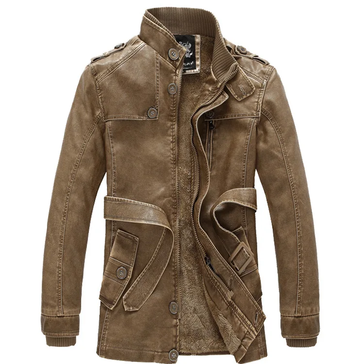 Men's Fashion Leather Long Jacket Men New Casual Vintage Blazer Winter Thick Motorcycle Biker Coat Men's Brand Design PU Jacket - 6