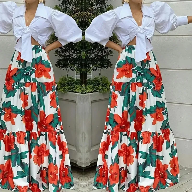 

2024 African Clothes for Women 2 Piece Spring Fashion Long Sleeve V-neck Print Top Skirts Matching Sets Dashiki African Clothing