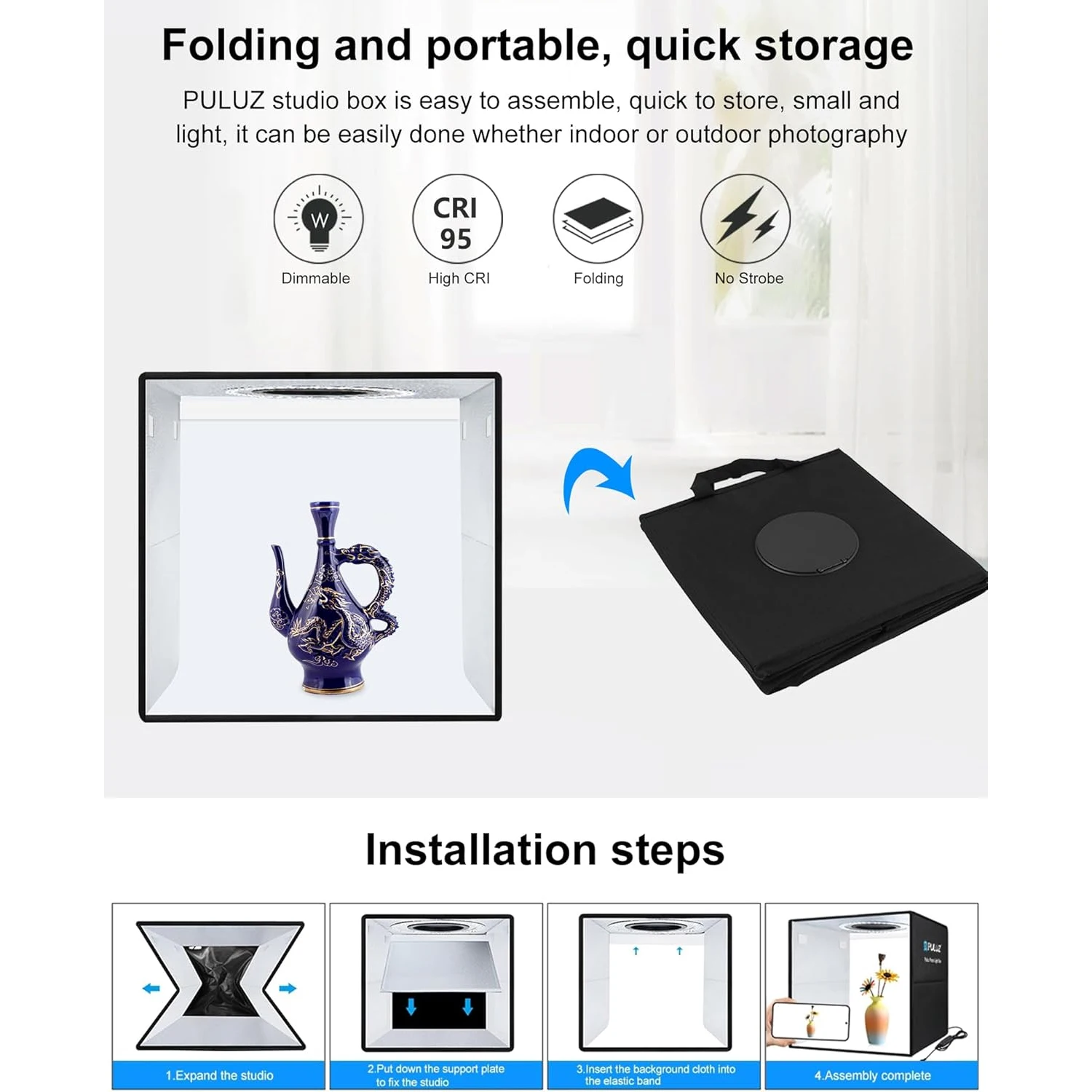 PULUZ 30CM/11.8'' Photo Studio Lightbox,Dimmable Light Box For Photo,Photography Studio Shooting Tent Box Kits 6 Colors Backdrop