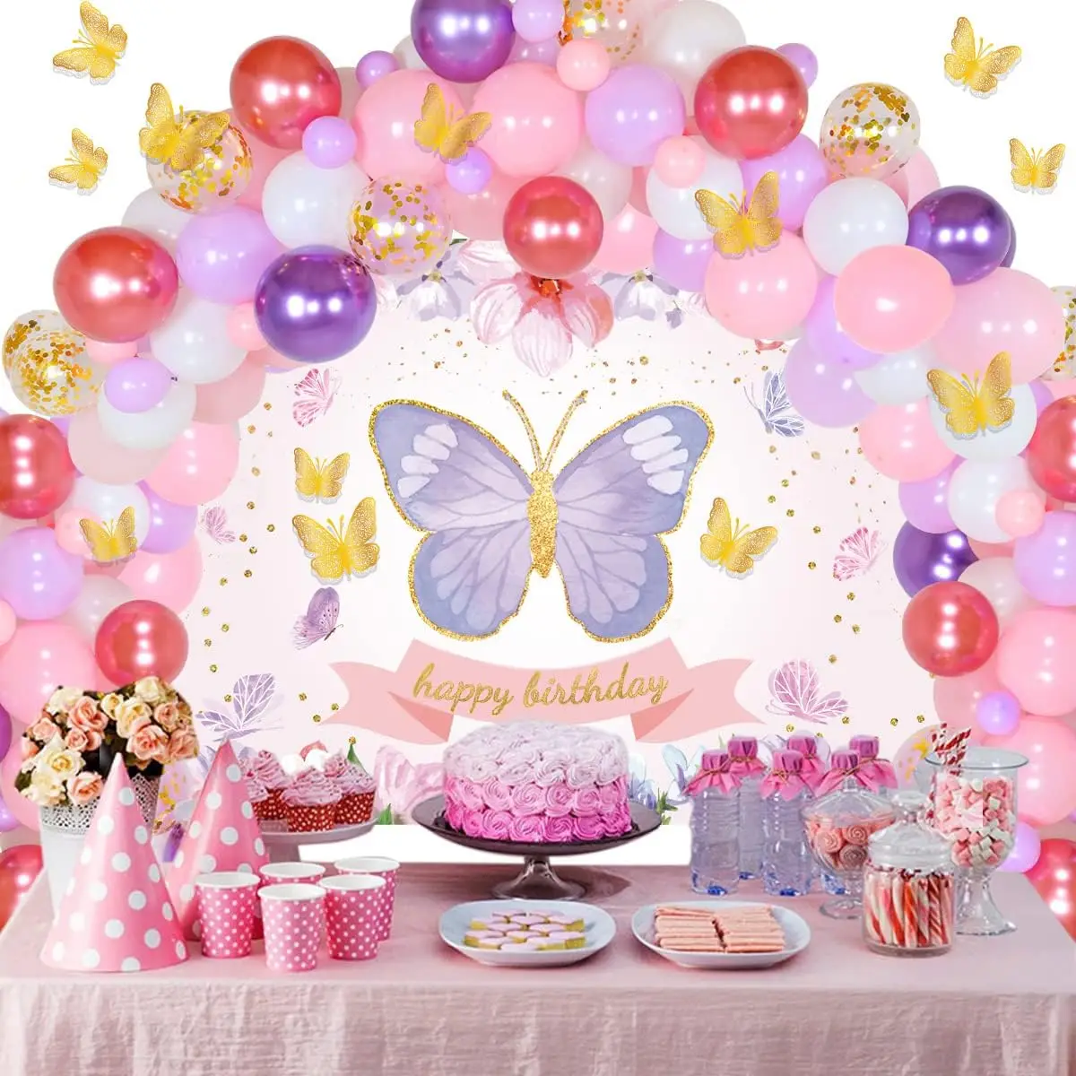 

JOYMEMO Butterfly Birthday Party Decorations for Girls Butterfly Pink Purple Balloon Garland Arch Kit Happy Birthday Backdrop