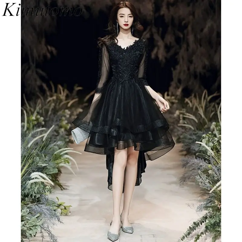 

Kimutomo, Черное женское платье с оборками, блестками, цветочным принтом, сетчатым рукавом, платье для выпускного вечера, в стиле знаменитостей, нестандартный дизайн, платья