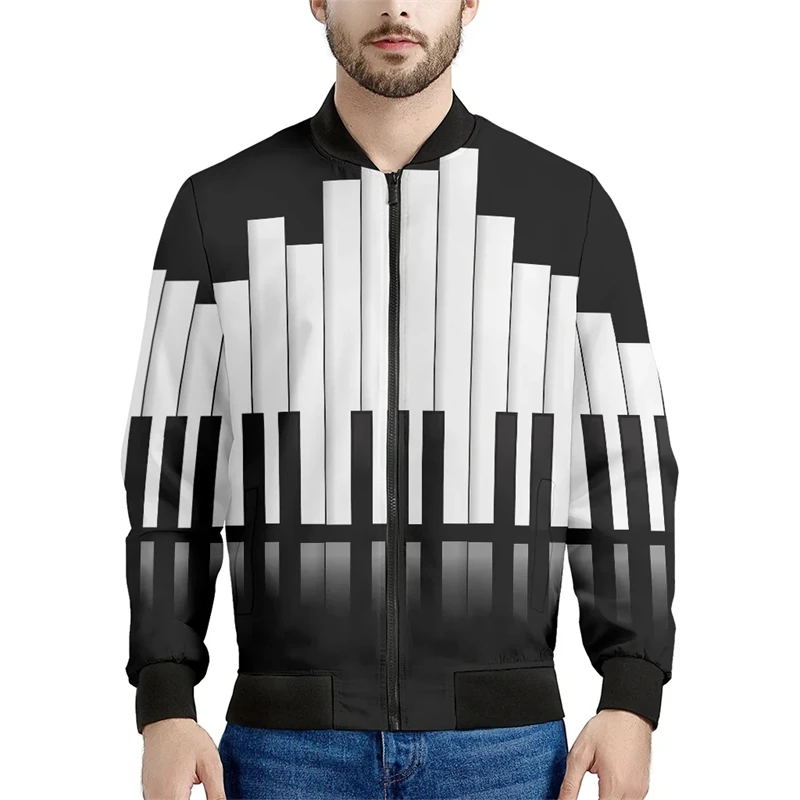 thumbnail image 1 of Nueva moda primavera otoño ropa de diseñador para hombre cuello alto patrón de piano estampado en blanco y negro chaquetas de hombre chaqueta de vuelo, 1 of 4