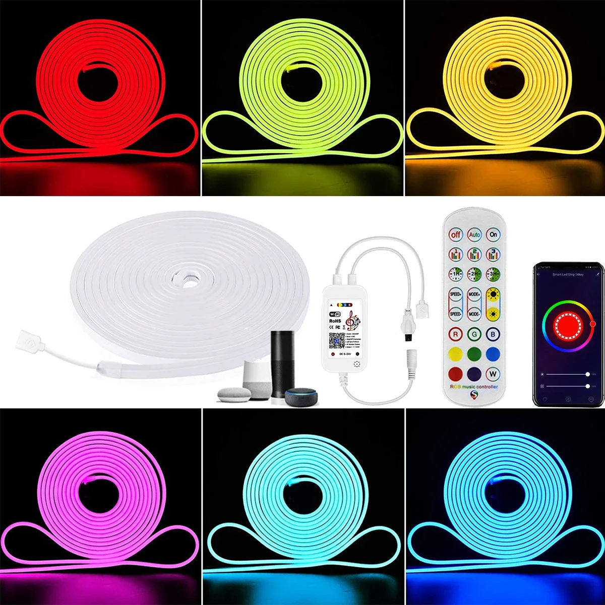 TUYA WIFI DC12V RGB ledes Neon csík ligh vel 24key Muzsika Zárkózott karácsonyi Munkaszüneti nap beltéri dekorációs ligh számára Google kereső haza Ekhó