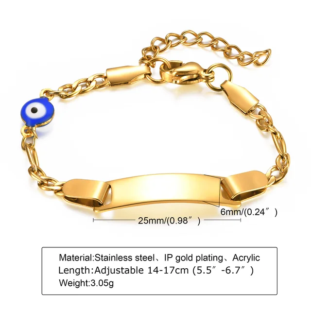 Custom Personalized Name Baby ID Bracelet, Stainless Steel Curb Chain Link Crown Bracelet Newborn Gilrs Boy Gifts Not Allergic BR-798G03 Gold