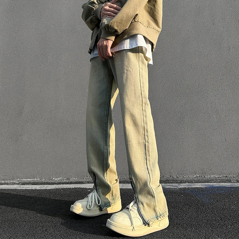 

Designer Distressed Jeans Men Pants Black Retro Zipper Vents Elastic Waist Straight Oversized Baggy Long Denim Trousers Male