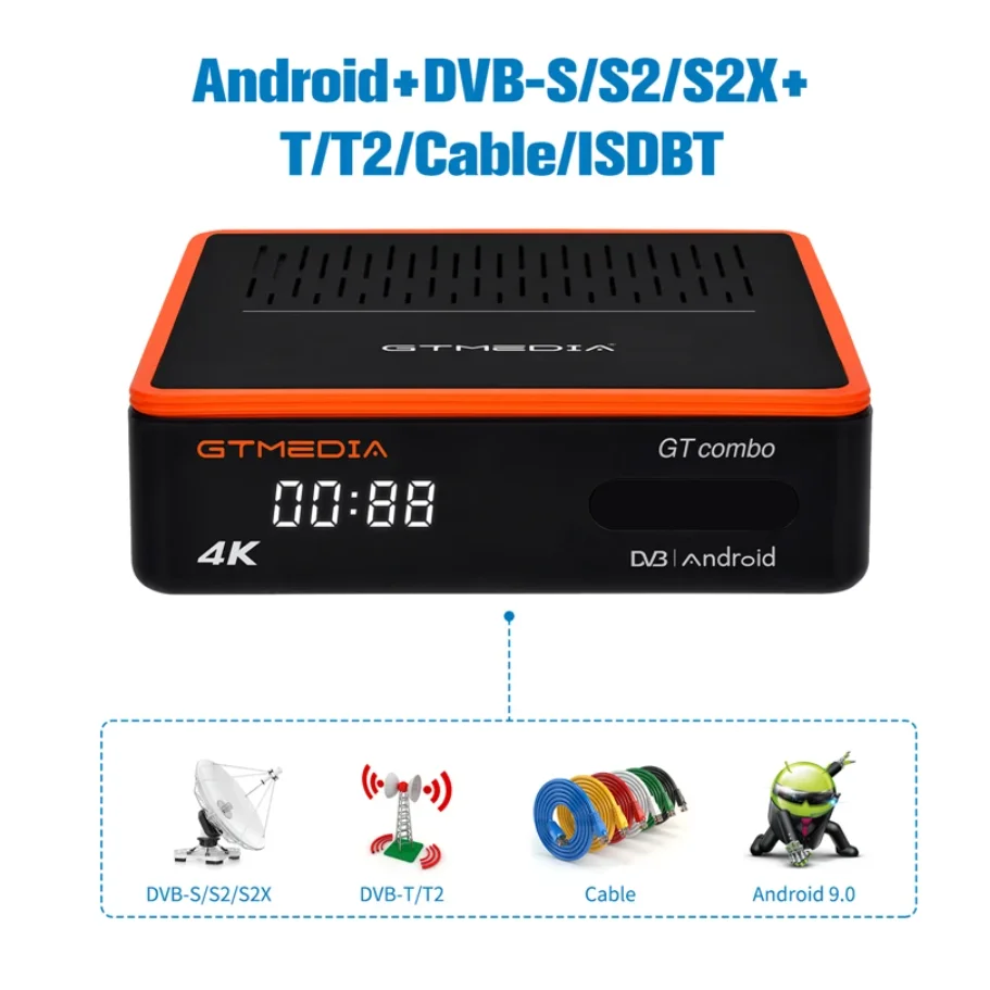 

GTMEDIA GT COMBO Android 9.0 TV BOX + Φ/S2/S2X,DVB + T/T2/Cable/DVB-S (J. 83b)/ISDBT 4K Android BOX 1: 1 2 + 16GB System is GT UI