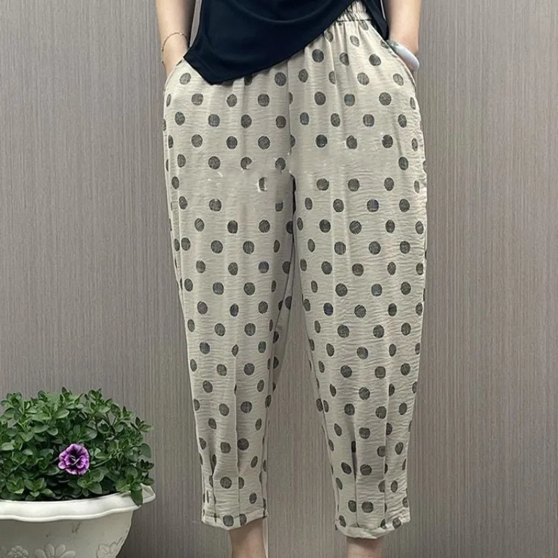 Summer Women's 2024 Spliced Loose High Waist Elastic Pocket Polka Dot Folds Fashion Slimming Tian Si Ma Casual Harlan Pants