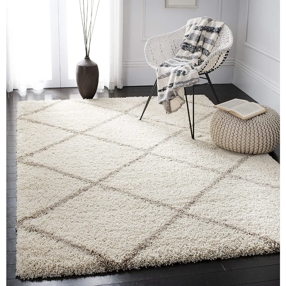 

Hudson Amias Geometric Shag Area Rug Bedroom Carpet for Rooms Rugs Living Room Decor Ivory/Beige Bedrooom Carpets 3' x 5'