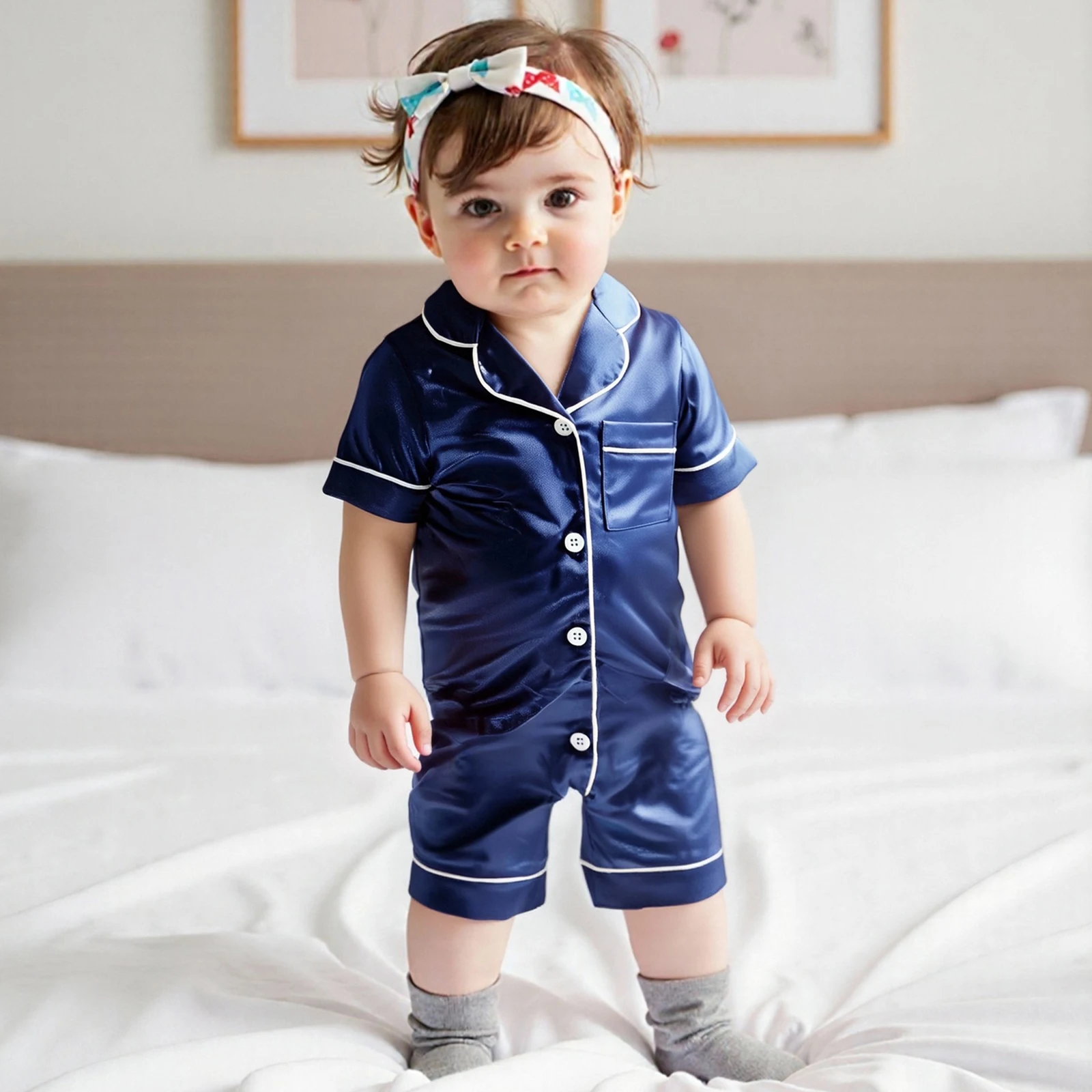 Description Picture 2 of itemMISOWMNJOY Soft Satin Baby Boy Girl Pajama Summer Sleepwear Short Sleeve Button-up Shorts Jumpsuit Cute Toddler Loungewear
