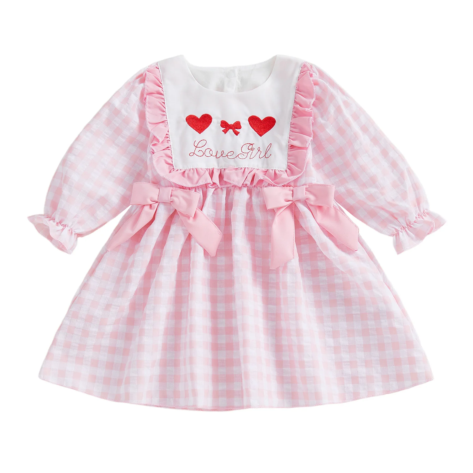 Girls Valentine s Day Dress with Heart Print and Ruffle Detail Long Sleeve O Neck A-line Dress with Bow Accent
