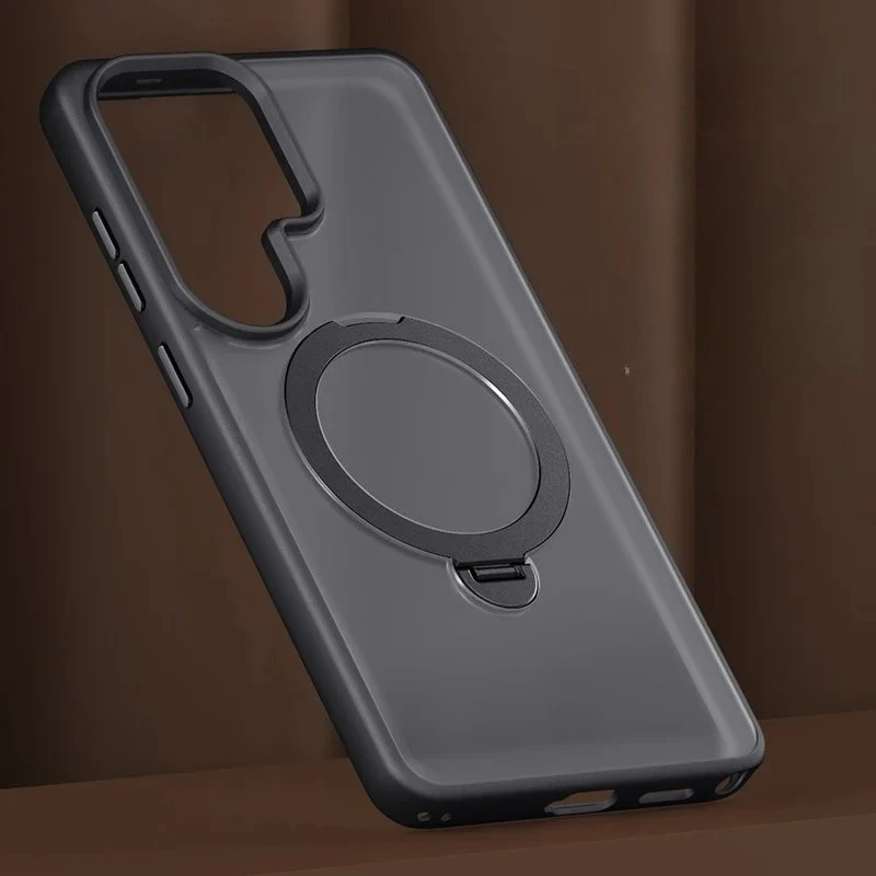 Magnetic Matte Phone Case with Metal Ring Stand Holder and Contrast Color Frosted Cover