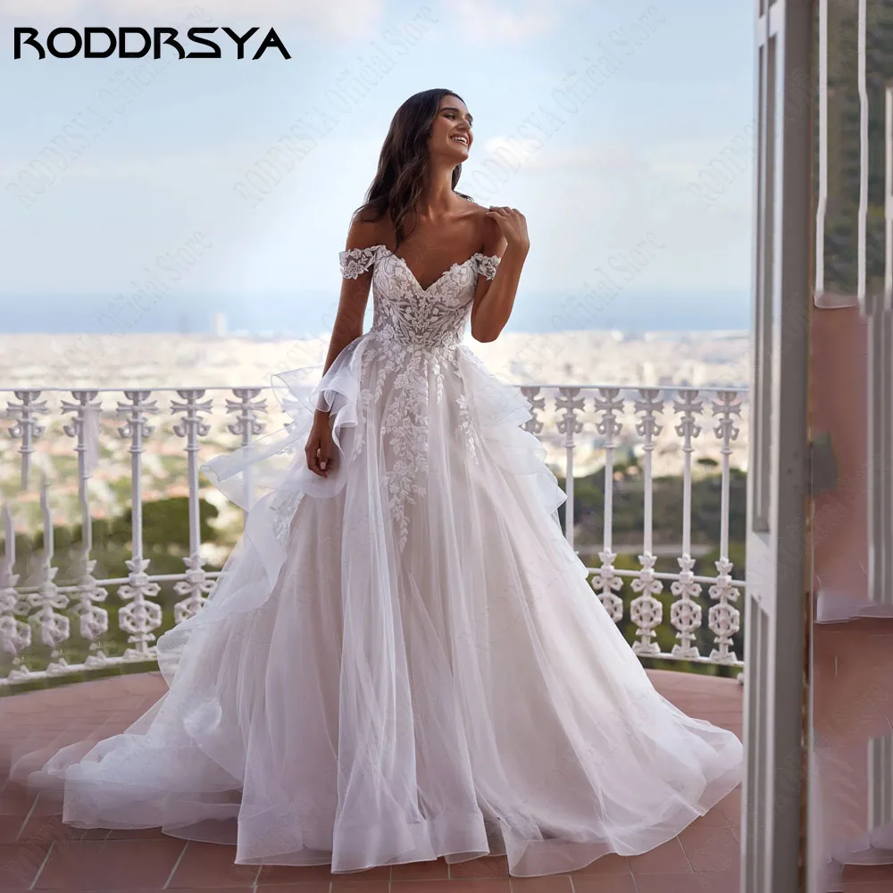 

RODDRSYA Elegant Lace Appliques A-Line Wedding Dress 2024 Off Shoulder Sweetheart Button Vestidos De Novia Beach Bride Gowns