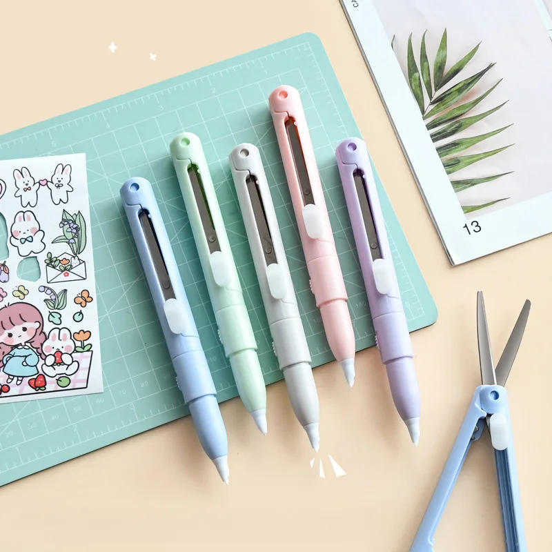 1pc Mini Portable Scissors Paper Cutter Knife 2 In 1 Multifunctional Pocket Pen Shape Scrapbooking Carving Cutting Art Tools