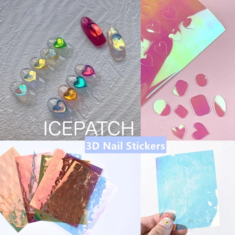 Aurora Ice Glass Paper Nail Foil Sticker Laser Holographic Cellophane Nail Decals Rainbow Reflective Candy Stickers 11pcs