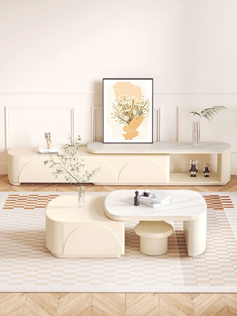 

Rock-plate TV cabinet, tea table combination, simple and modern household net red cream wind, retractable TV cabinet