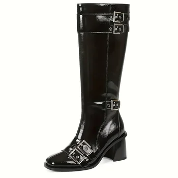 Raya Knee High Square Toe Chunky Heel Metal Buckle Strap Boots 3
