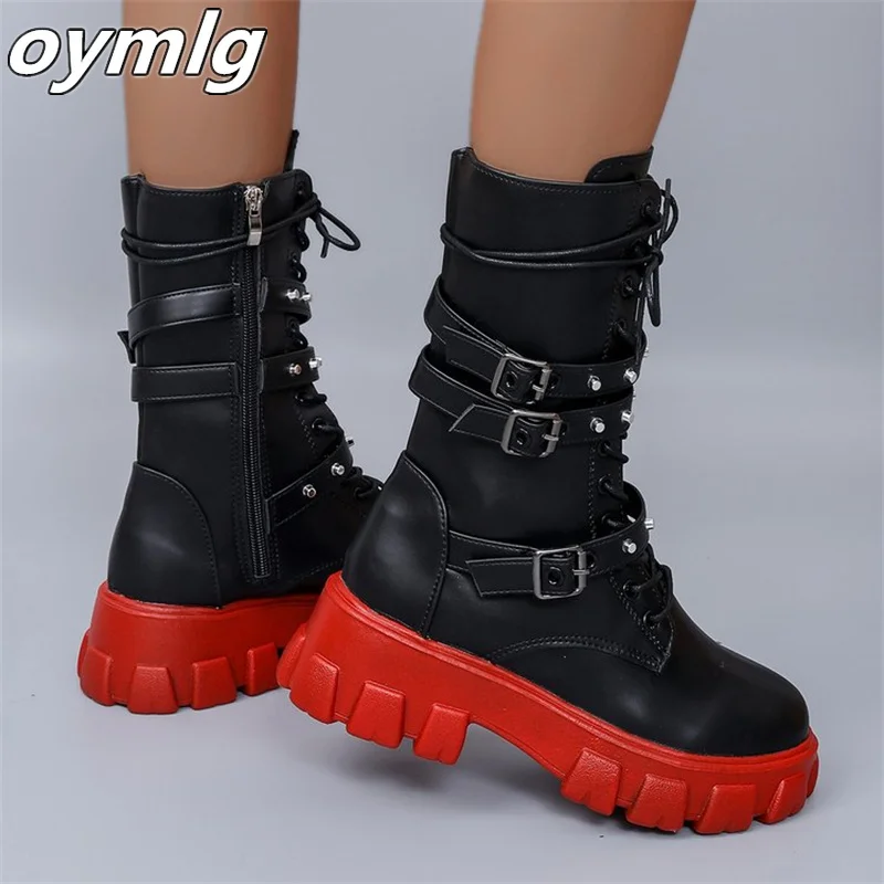 Motorcycle Boots Large Belt Buckle Metal Thick Bottom Side Zipper Fashion Versatile Knight Women's Boots Stock womens shoes
