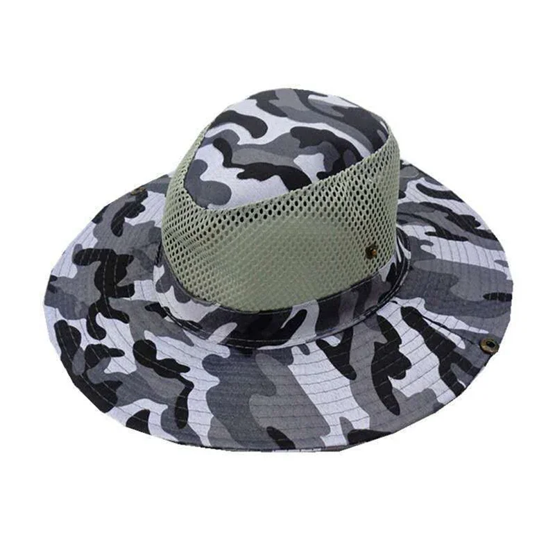 Outdoor Camouflage Sun Hat Hunting Fishing Cap Outdoor Wide Brim Sun Cap Mesh Breathable Bucket Leaves Hat Man